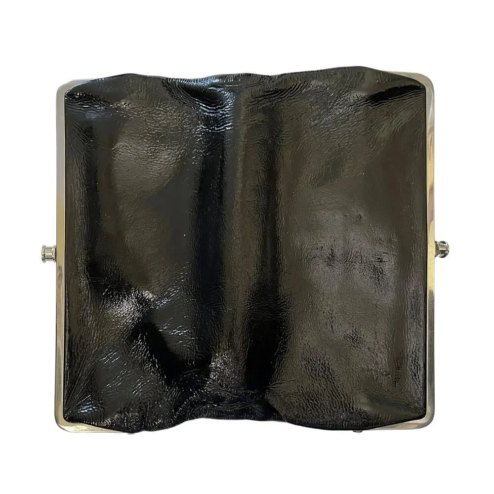 HOBO Lauren Black Crinkle Patent Leather Double-Frame Wallet Clutch Purse